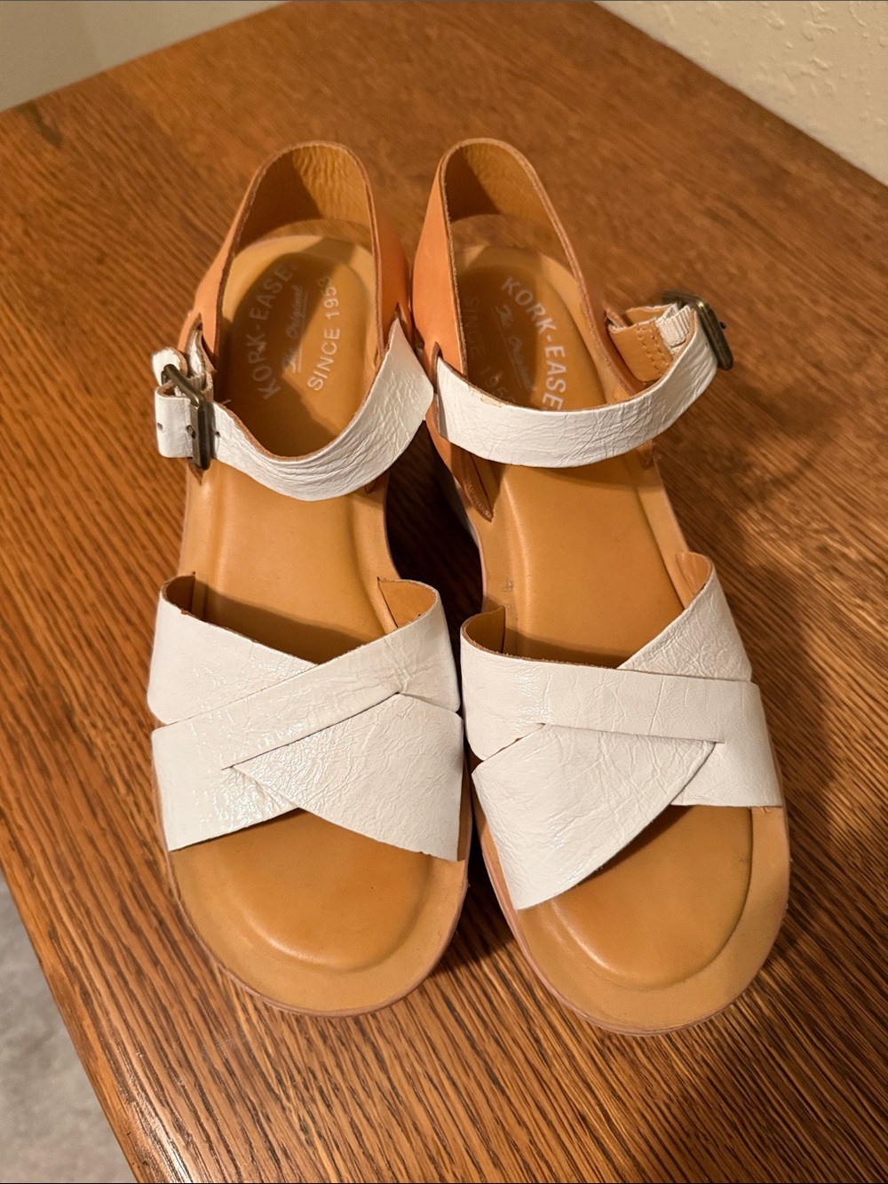 Kork-Ease White Leather Crisscross Wedge Sandals with Tan Ankle Strap - Picture 3 of 5